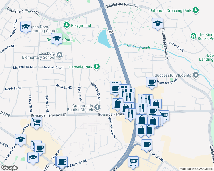 map of restaurants, bars, coffee shops, grocery stores, and more near 1015 Clymer Court Northeast in Leesburg