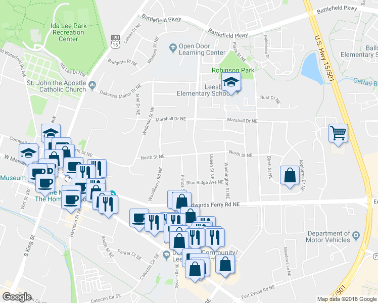 map of restaurants, bars, coffee shops, grocery stores, and more near 404 North Street Northeast in Leesburg