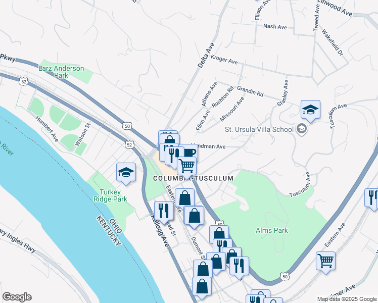 map of restaurants, bars, coffee shops, grocery stores, and more near 425 McDowell Street in Cincinnati
