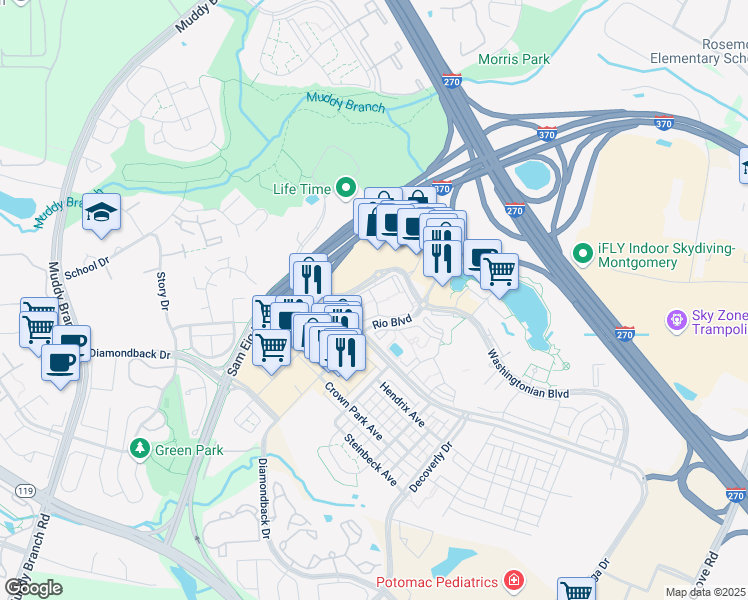 map of restaurants, bars, coffee shops, grocery stores, and more near Shelburne Terrace in Gaithersburg