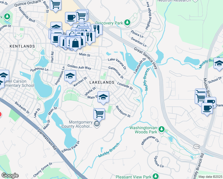 map of restaurants, bars, coffee shops, grocery stores, and more near 714 Market Street East in Gaithersburg
