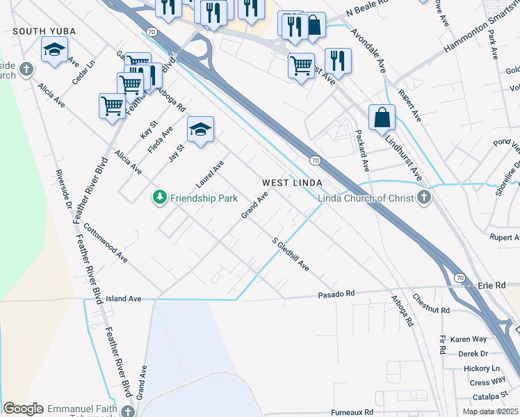 map of restaurants, bars, coffee shops, grocery stores, and more near 1176 Grand Avenue in Olivehurst