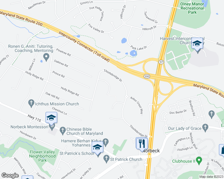 map of restaurants, bars, coffee shops, grocery stores, and more near 4014 Thistlebridge Way in Rockville
