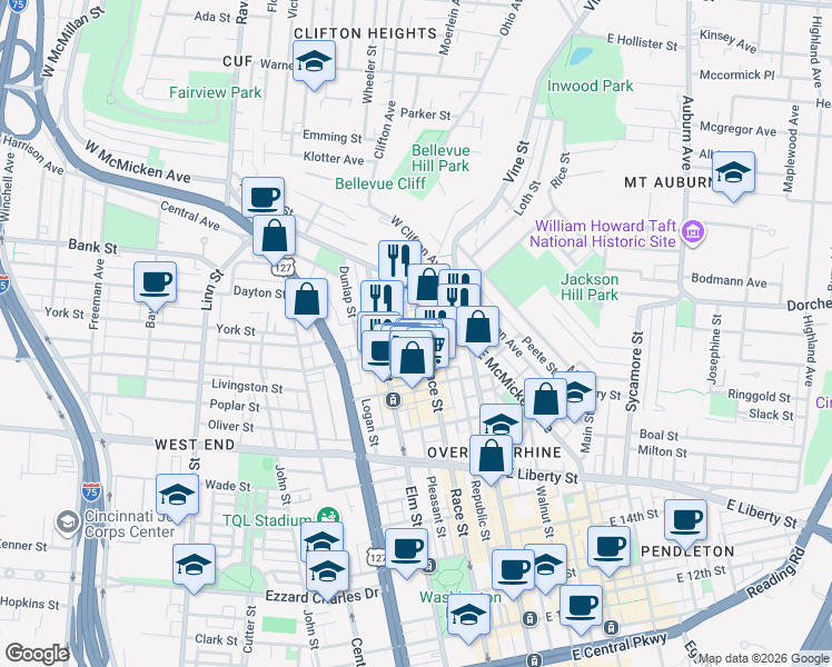 map of restaurants, bars, coffee shops, grocery stores, and more near 1909 Race Street in Cincinnati