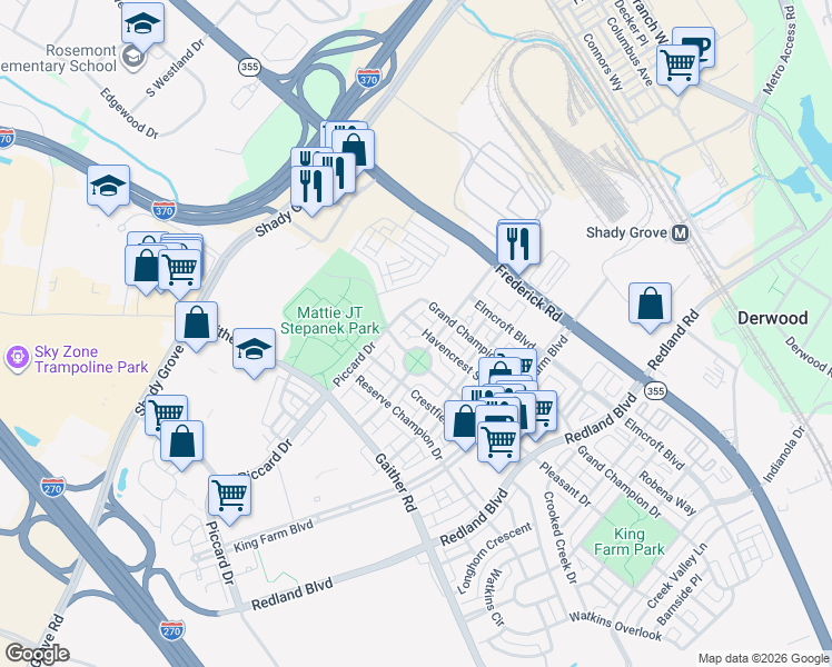 map of restaurants, bars, coffee shops, grocery stores, and more near 1106 Havencrest St in Rockville