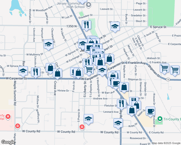 map of restaurants, bars, coffee shops, grocery stores, and more near 210 West Prairie Street in Jerseyville