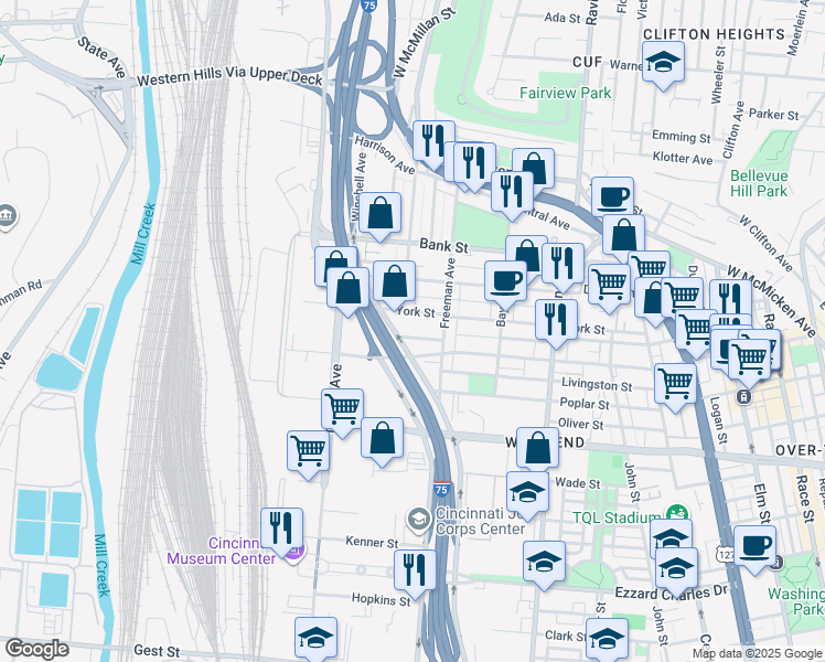 map of restaurants, bars, coffee shops, grocery stores, and more near 1034 Hulbert Avenue in Cincinnati