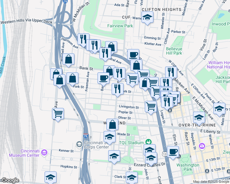 map of restaurants, bars, coffee shops, grocery stores, and more near 829 York Street in Cincinnati