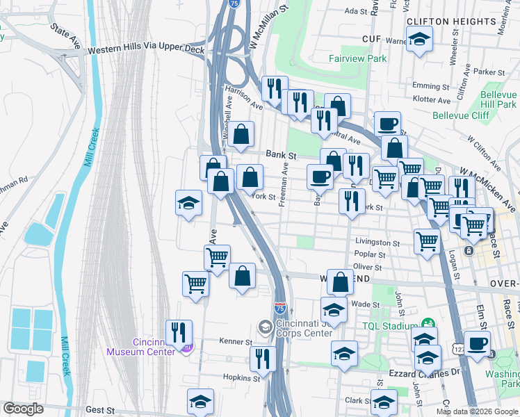 map of restaurants, bars, coffee shops, grocery stores, and more near 1034 Hulbert Avenue in Cincinnati