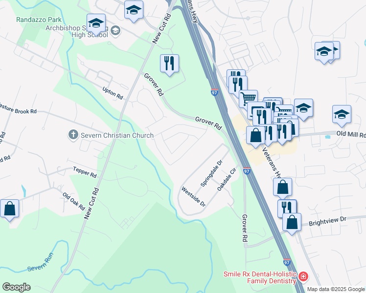 map of restaurants, bars, coffee shops, grocery stores, and more near 8123 Windy Field Lane in Millersville
