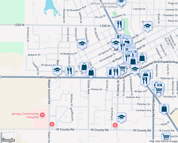 map of restaurants, bars, coffee shops, grocery stores, and more near 609 West Pearl Street in Jerseyville
