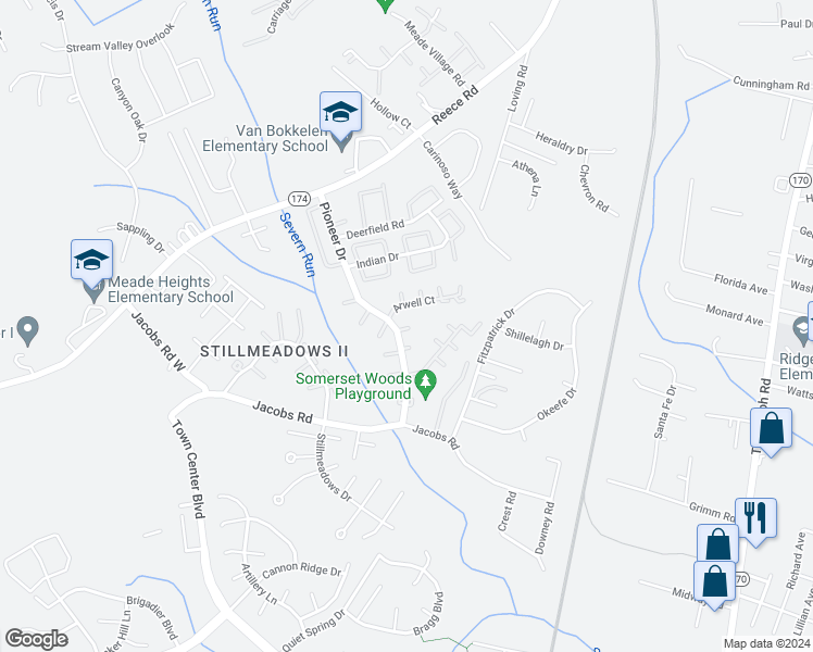 map of restaurants, bars, coffee shops, grocery stores, and more near 8512 Pioneer Drive in Severn