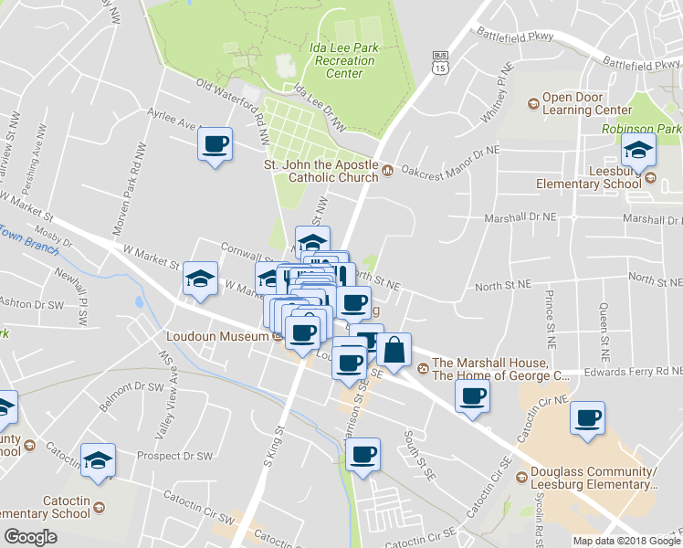 map of restaurants, bars, coffee shops, grocery stores, and more near 108 North King Street in Leesburg