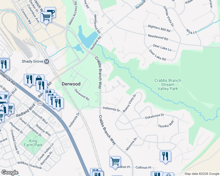 map of restaurants, bars, coffee shops, grocery stores, and more near 10 Indian Hills Court in Rockville