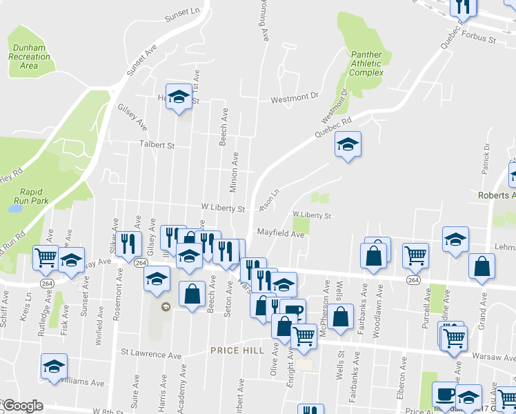 map of restaurants, bars, coffee shops, grocery stores, and more near 1614 Quebec Rd in Cincinnati