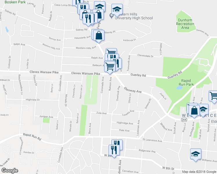 map of restaurants, bars, coffee shops, grocery stores, and more near 1189 Rulison Avenue in Cincinnati