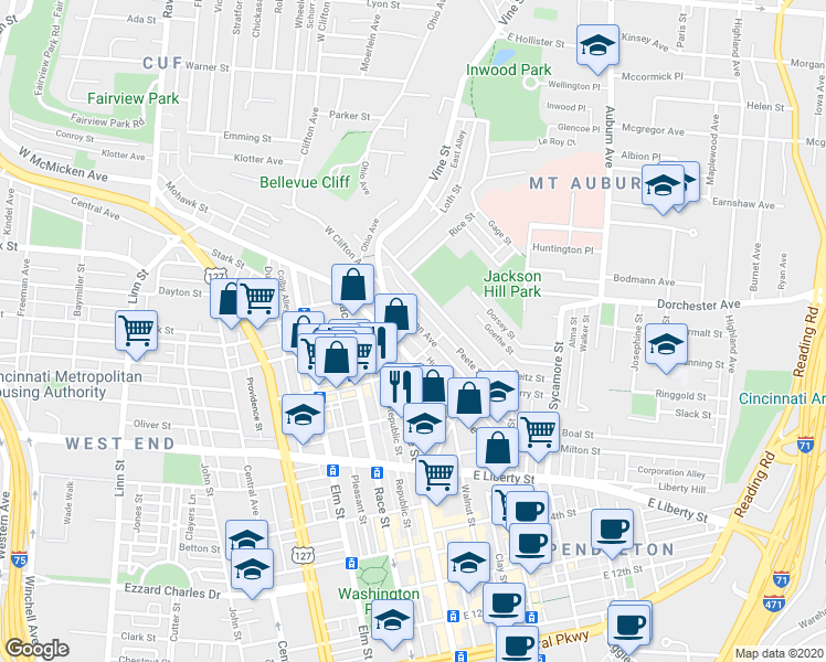 map of restaurants, bars, coffee shops, grocery stores, and more near 55 East Clifton Avenue in Cincinnati