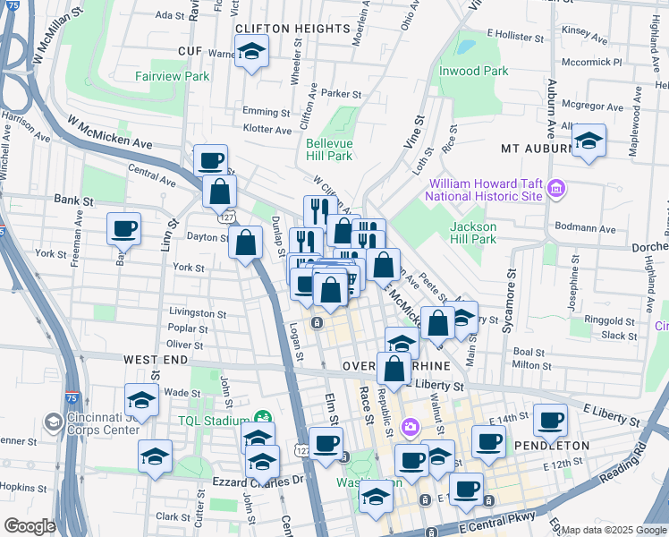map of restaurants, bars, coffee shops, grocery stores, and more near 1909 Race Street in Cincinnati