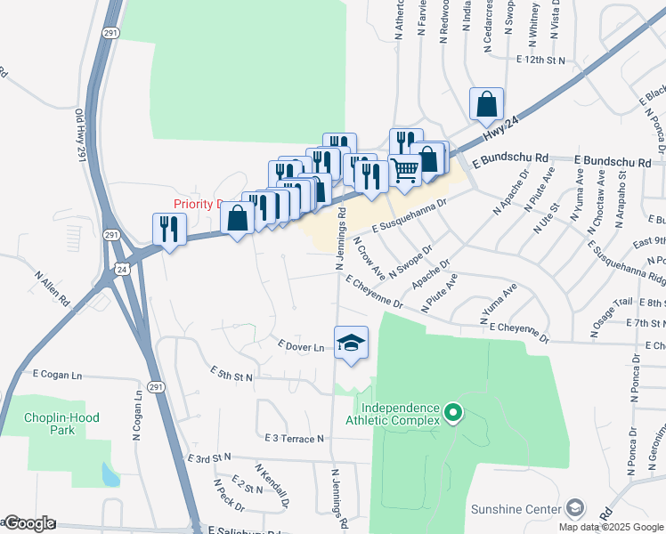 map of restaurants, bars, coffee shops, grocery stores, and more near 17100 East Cheyenne Drive in Independence