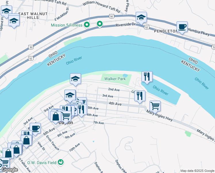 map of restaurants, bars, coffee shops, grocery stores, and more near 935 2nd Avenue in Dayton
