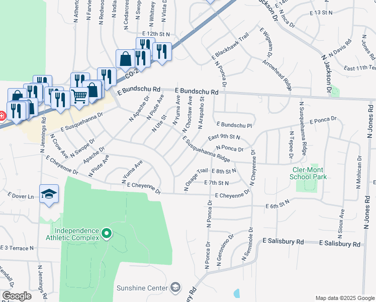 map of restaurants, bars, coffee shops, grocery stores, and more near 815 North Arapaho Street in Independence