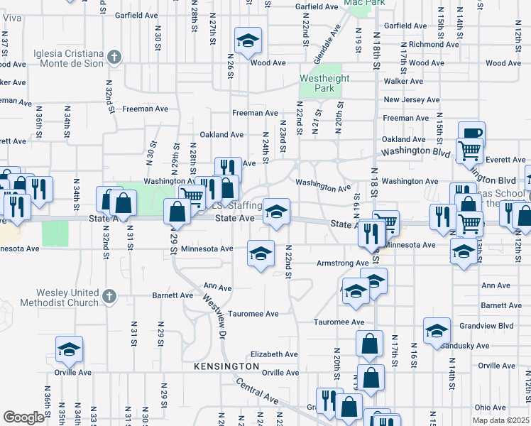 map of restaurants, bars, coffee shops, grocery stores, and more near 2402 State Avenue in Kansas City