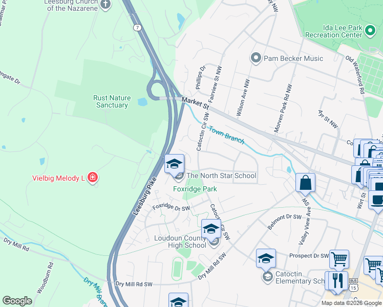map of restaurants, bars, coffee shops, grocery stores, and more near 302 Whitehorse Court Southwest in Leesburg