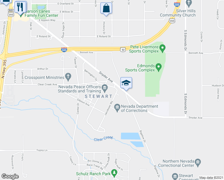 map of restaurants, bars, coffee shops, grocery stores, and more near 5500 Snyder Avenue in Carson City