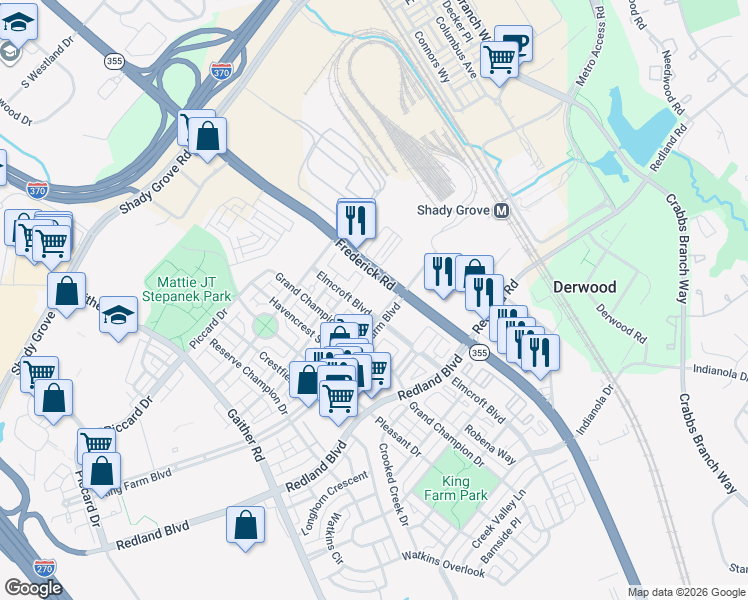 map of restaurants, bars, coffee shops, grocery stores, and more near 105 King Farm Boulevard in Rockville