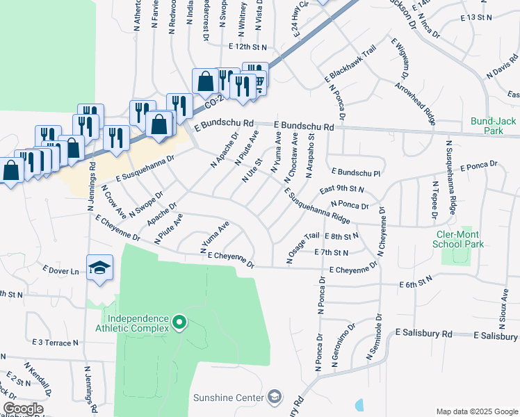 map of restaurants, bars, coffee shops, grocery stores, and more near 802 North Choctaw Avenue in Independence