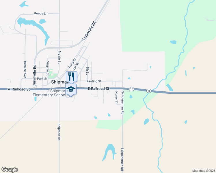map of restaurants, bars, coffee shops, grocery stores, and more near 560 East Railroad Street in Shipman