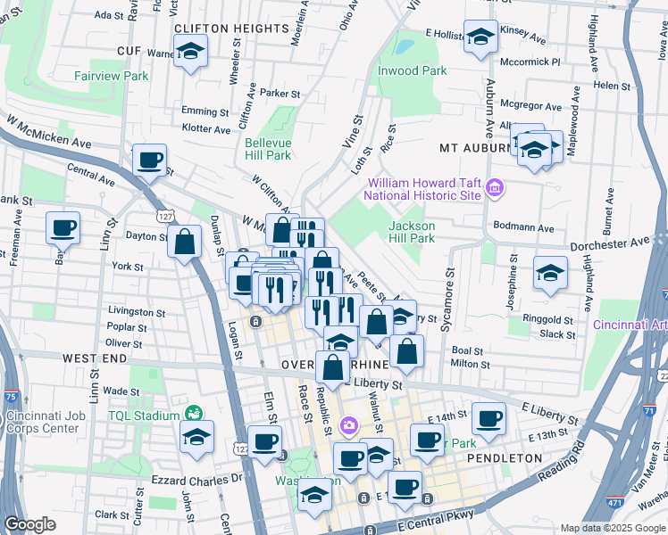 map of restaurants, bars, coffee shops, grocery stores, and more near 55 East Clifton Avenue in Cincinnati