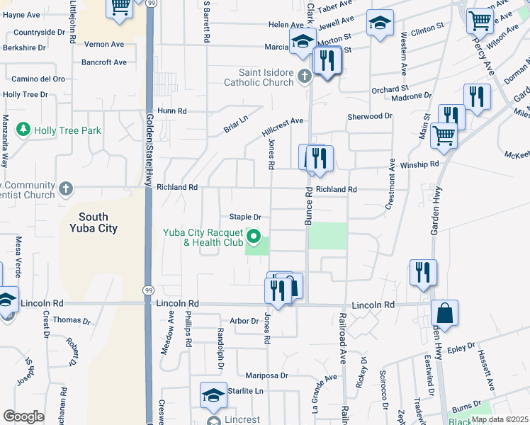 map of restaurants, bars, coffee shops, grocery stores, and more near 699 Jones Road in Yuba City