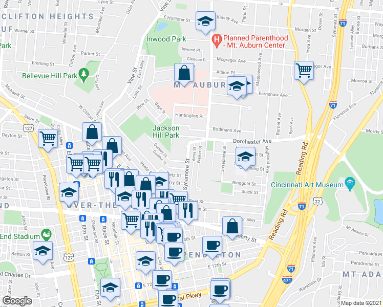 map of restaurants, bars, coffee shops, grocery stores, and more near 1800 Sycamore Street in Cincinnati