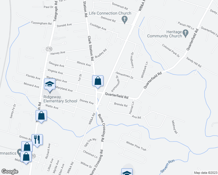 map of restaurants, bars, coffee shops, grocery stores, and more near 8265 WB&A Road in Severn