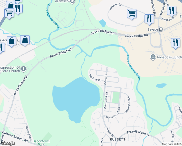 map of restaurants, bars, coffee shops, grocery stores, and more near 8003 Big Pool Road in Laurel