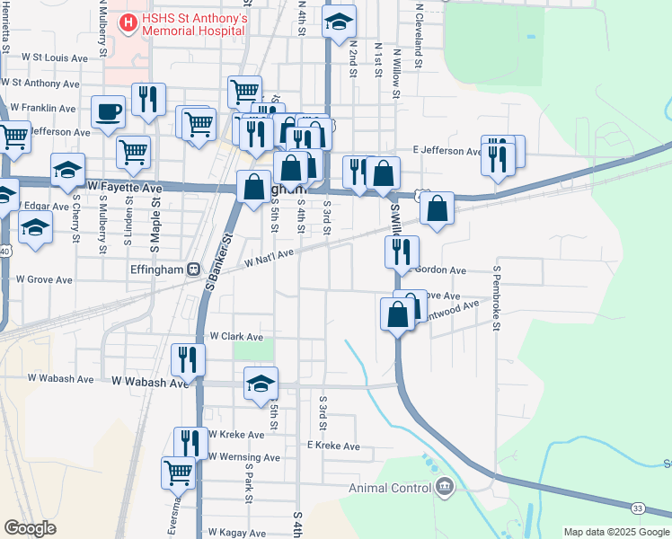 map of restaurants, bars, coffee shops, grocery stores, and more near 602 South 3rd Street in Effingham