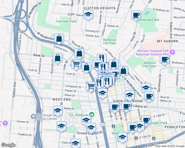 map of restaurants, bars, coffee shops, grocery stores, and more near 1802 Central Parkway in Cincinnati