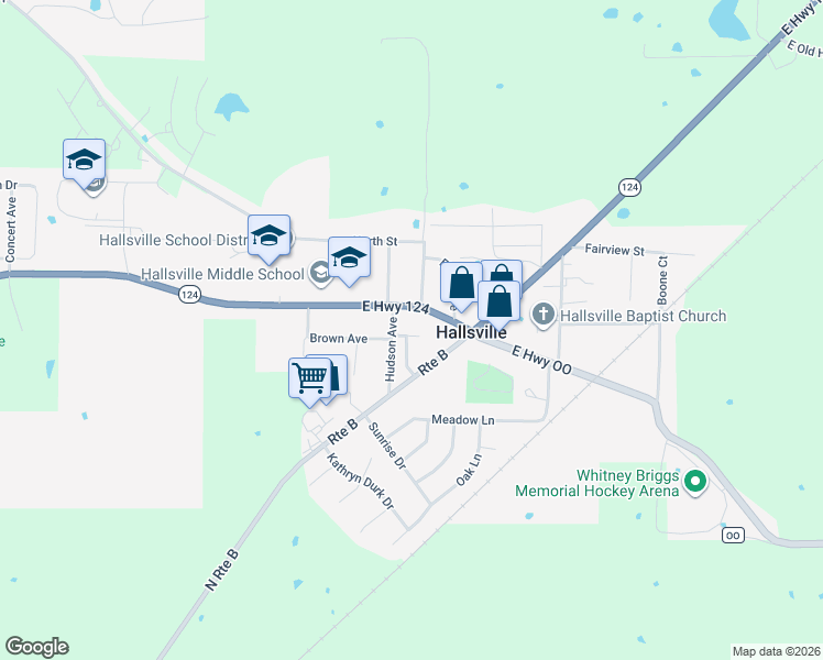 map of restaurants, bars, coffee shops, grocery stores, and more near 105 Brown Avenue in Hallsville