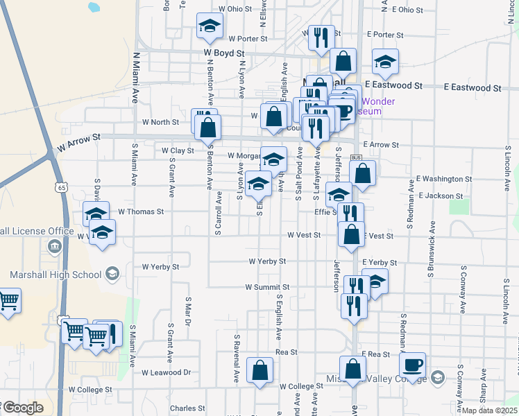 map of restaurants, bars, coffee shops, grocery stores, and more near 467 South Ellsworth Avenue in Marshall
