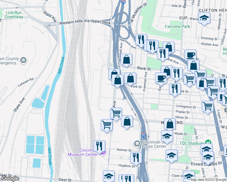 map of restaurants, bars, coffee shops, grocery stores, and more near 1811 Dalton Avenue in Cincinnati