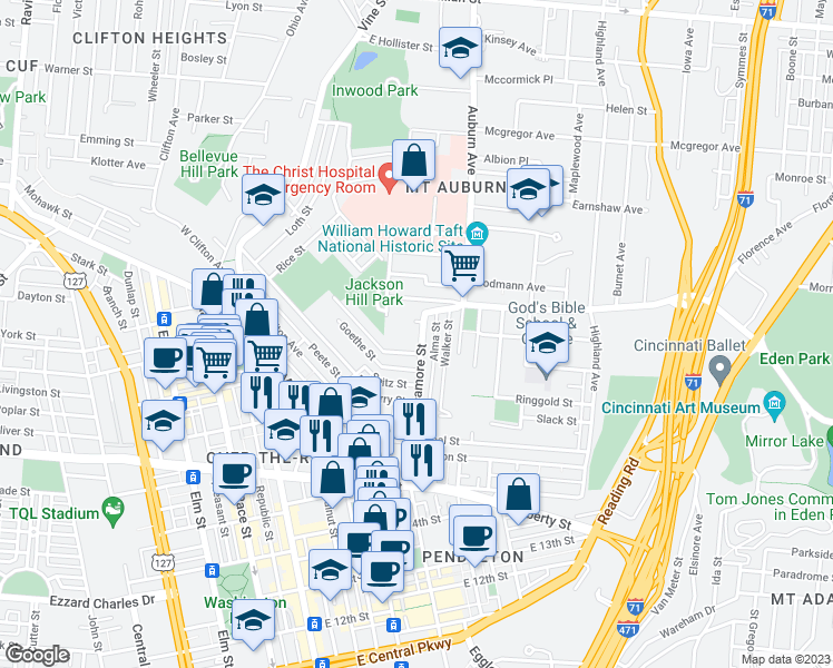 map of restaurants, bars, coffee shops, grocery stores, and more near 1800 Sycamore Street in Cincinnati