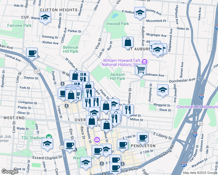 map of restaurants, bars, coffee shops, grocery stores, and more near 130 Goethe Street in Cincinnati