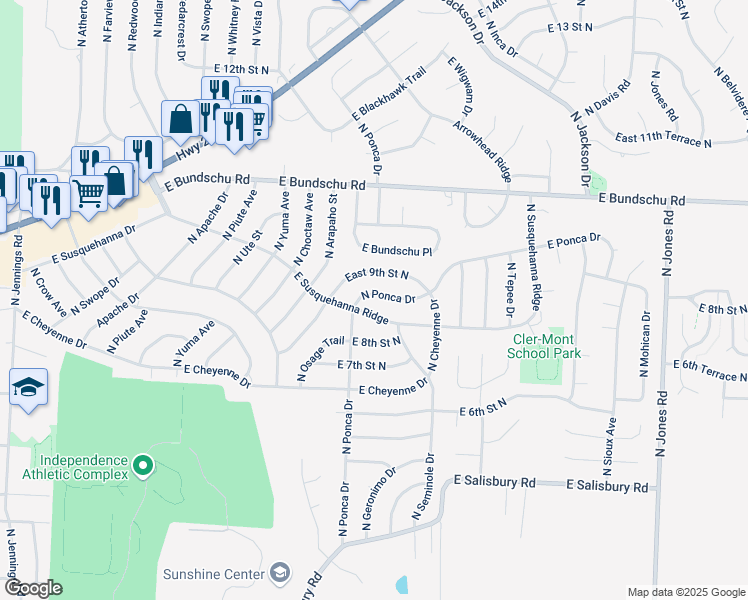 map of restaurants, bars, coffee shops, grocery stores, and more near 819 North Ponca Drive in Independence