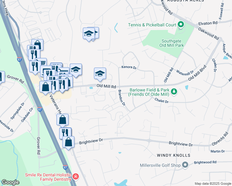 map of restaurants, bars, coffee shops, grocery stores, and more near 8349 Norwood Road in Millersville