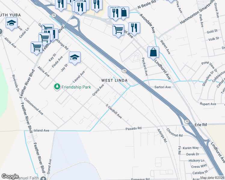 map of restaurants, bars, coffee shops, grocery stores, and more near 5633 Arboga Road in Olivehurst