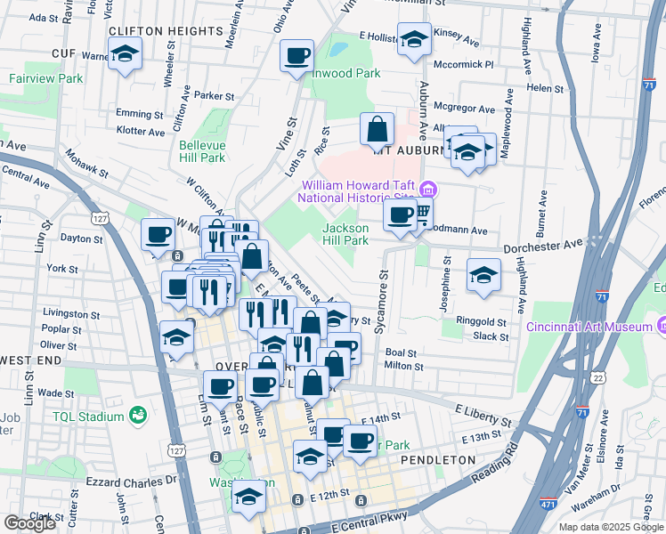 map of restaurants, bars, coffee shops, grocery stores, and more near 130 Goethe Street in Cincinnati
