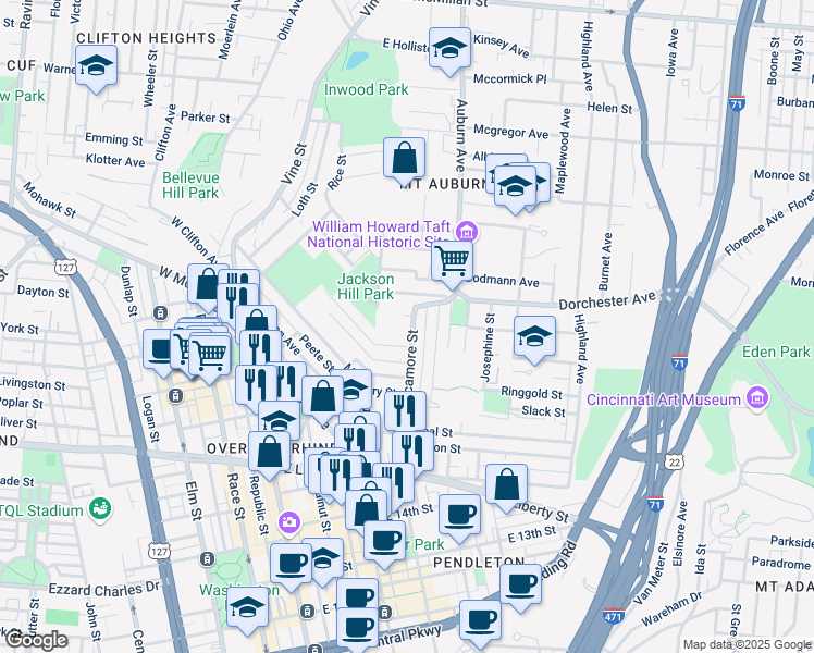 map of restaurants, bars, coffee shops, grocery stores, and more near 1800 Sycamore Street in Cincinnati