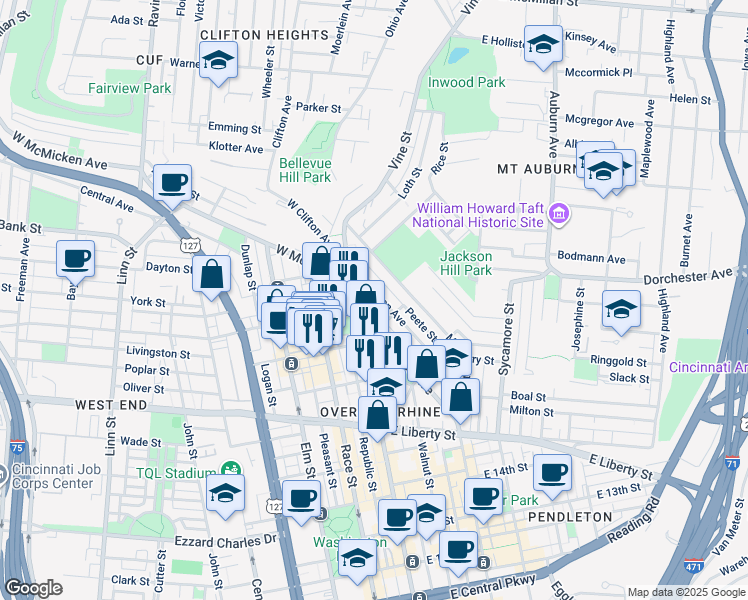 map of restaurants, bars, coffee shops, grocery stores, and more near 55 East Clifton Avenue in Cincinnati