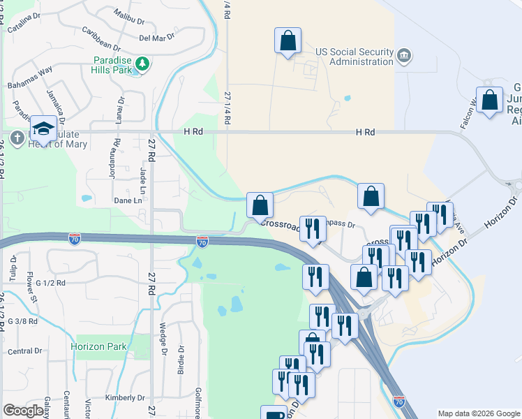 map of restaurants, bars, coffee shops, grocery stores, and more near 2736 Crossroads Boulevard in Grand Junction